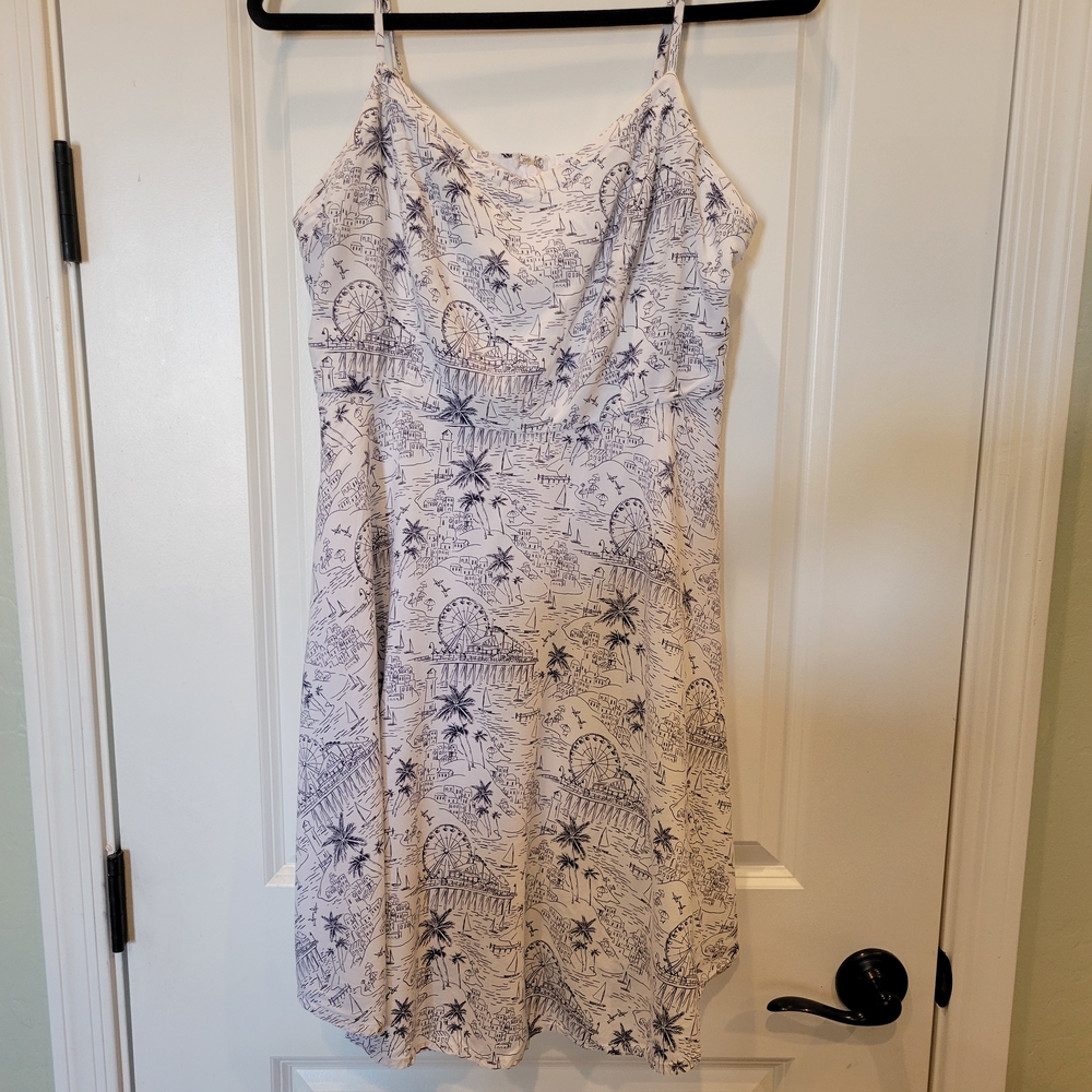 White and Blue Printed Spaghetti Strap  Dress